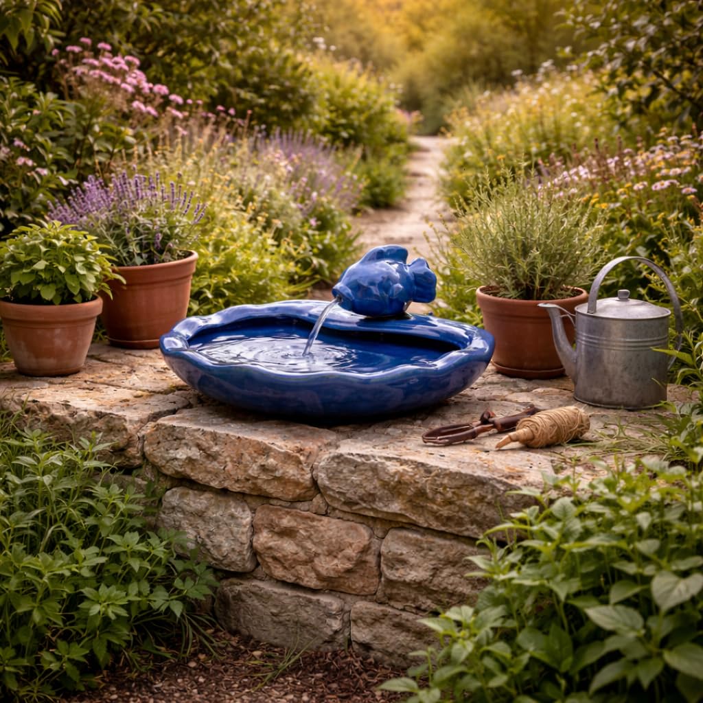 Festive Lights - 37 cm Solar-Keramik-Fischwasserspiel mit glasierter blauer Oberfläche – Gartenbrunnen für den Außenbereich, IP44 bewertet, wetterbeständig – in sich geschlossen, einfache Einrichtung,