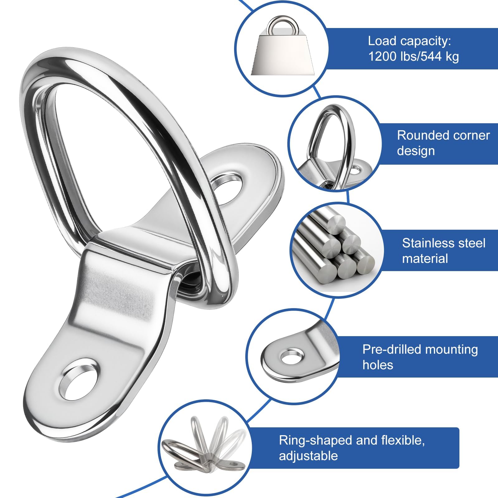 ddckj 4 Pcs D Ring Tie Down Anchor 1/4 Inch Heavy Duty Lashing Rings Stainless Steel for Loads on Case SUV Trailers Truck Camper Motorhome Warehouse Boats Cargo Securing - 4