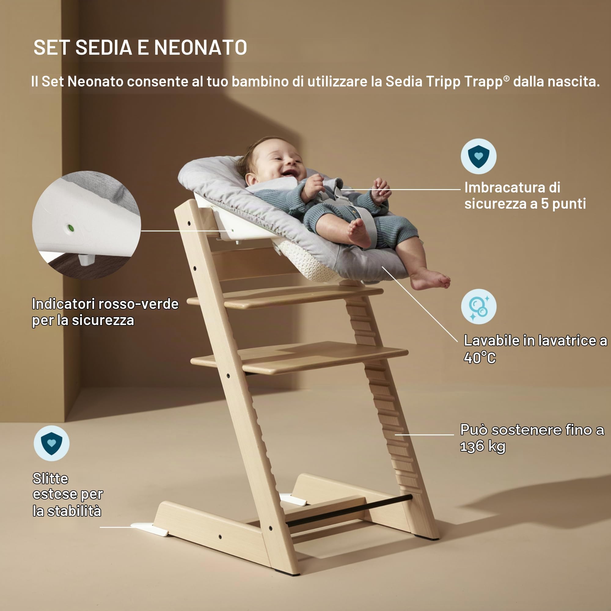 Seggiolone Tripp Trapp di Stokke, Whitewash/White (Include Sedia + Baby Set 2) con Newborn Set - Design Sicuro, Regolabile, Ergonomico