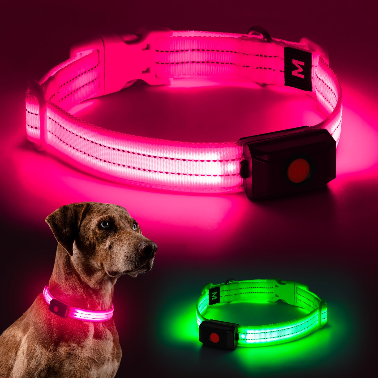 Light Up Dog Collar for Night Walking Flashing, LED Dog Collar Light Rechargeable Reflective Dog Collar Water-Resistant Adjustable Size Dog Collars