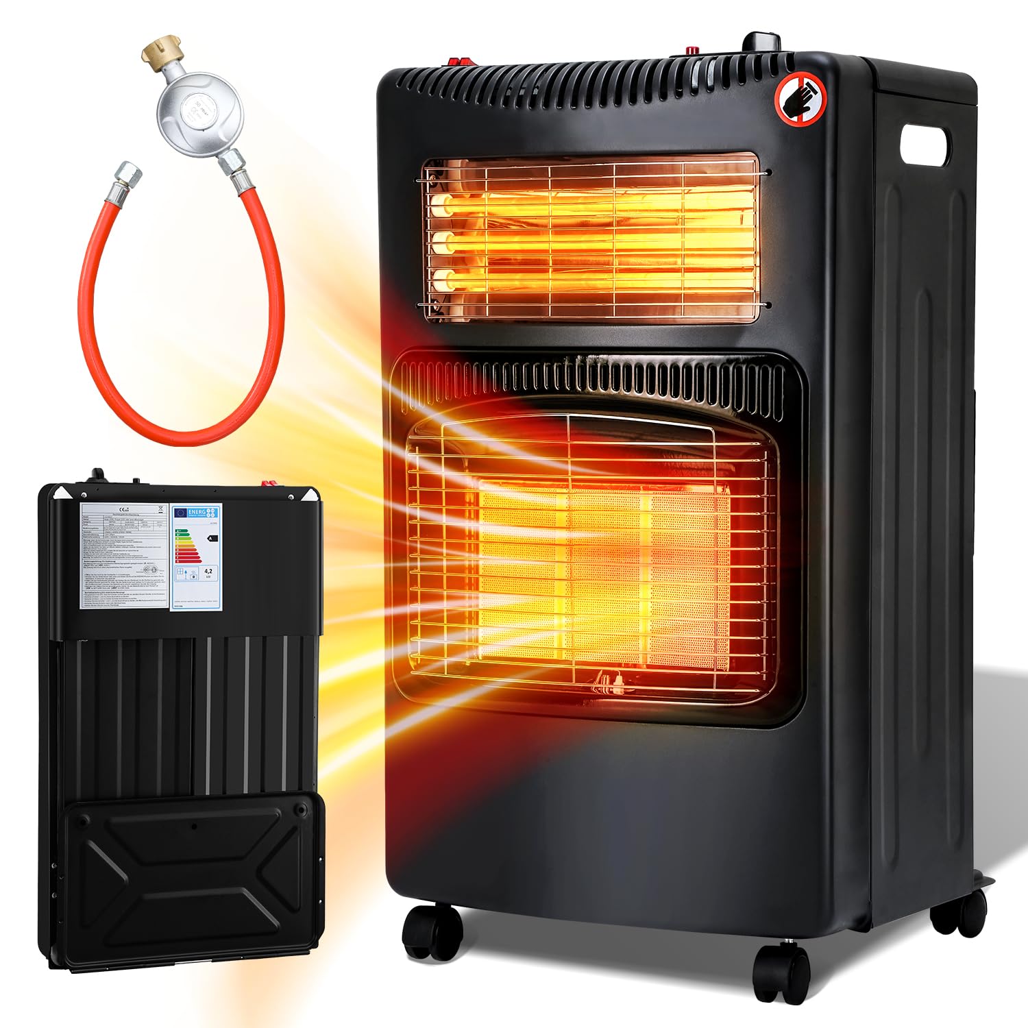 Gasheizer 4200W, Elektroheizung 1260W, Gas Heizstrahler inkl. Gasdruckregler, Gasschlauch, Gasheizofen, Infrarot Keramikbrenner, Butan- oder Propangasflaschen bis 15kg