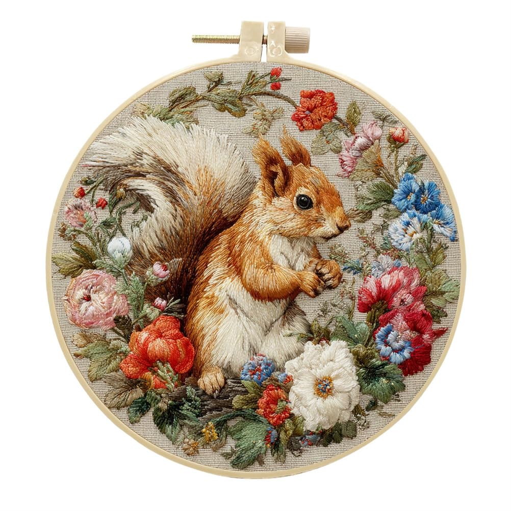 Meecaa Embroidery Kit Starter Set, Squirrel Flower Animal Hand Embroidery Set, Pattern Printed Cross Stitch Set for Beginner Adults, with Embroidery Hoop and Instructions (Squirrel 3)