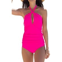 Beachsissi Women Halter Neck Tankini Set Cutout Solid Color Bathing Suit