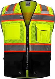 10 Pockets Professional level Safety Vest, Class 2 High Visibility Security Vest with Zipper, Hi Vis Vest with Reflective Strips, ANSI/ISEA Standard, Construction Work Vest（Lime Black, M）