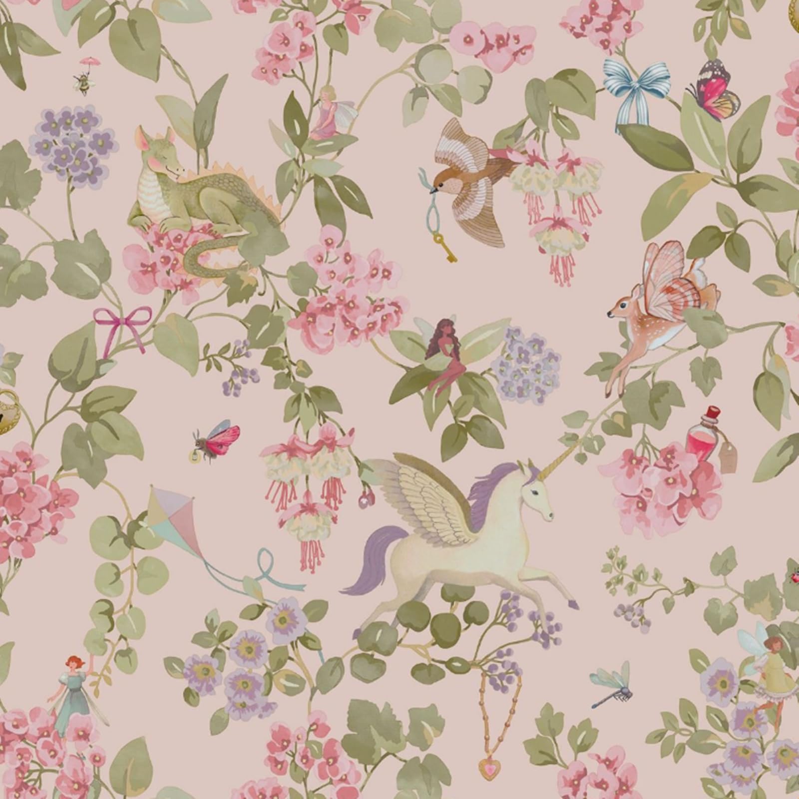 SOPHIE LAURENCE Kids Fairies Pink Wallpaper Multi Unicorns Dragons Floral Birds Girls Bedroom