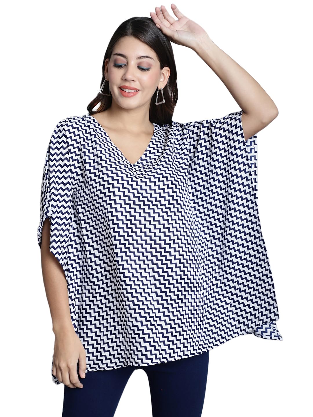 Crepe Zig-Zag Kaftan Dress for Women - White & Blue-image-44
