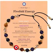 Cute Evil Eye Bracelet Red Black - Natural Crystal Protection Adjustable Spiritual Guardian Jewelry- 5 Healing Stones Clear Quartz Amethyst Black Tourmaline Tiger Eye Bracelet Adjustable