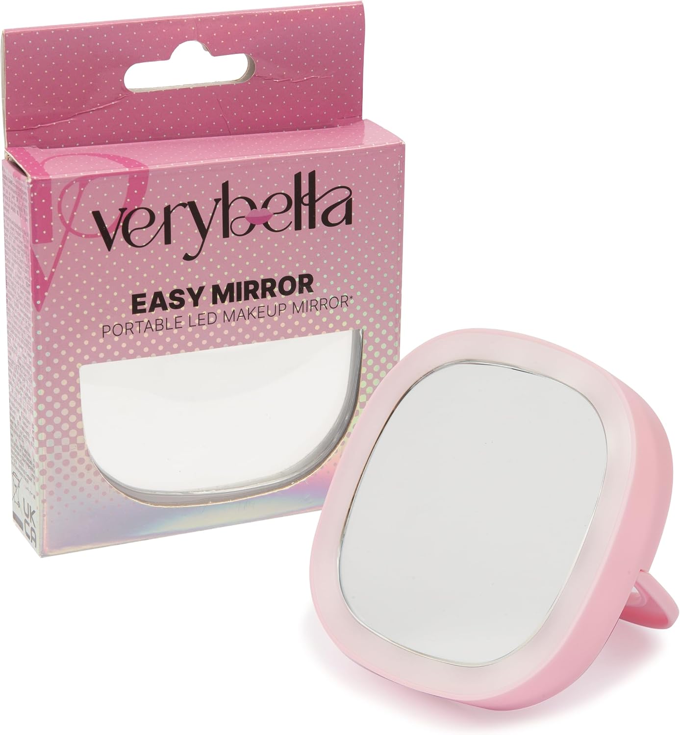 Portable Mini Mirror, Pink, Size 85 x 85 cm, Adjustable LED Lights, Pocket Size for Handbag, Ideal for Makeup and Travel, Comfortable Grip