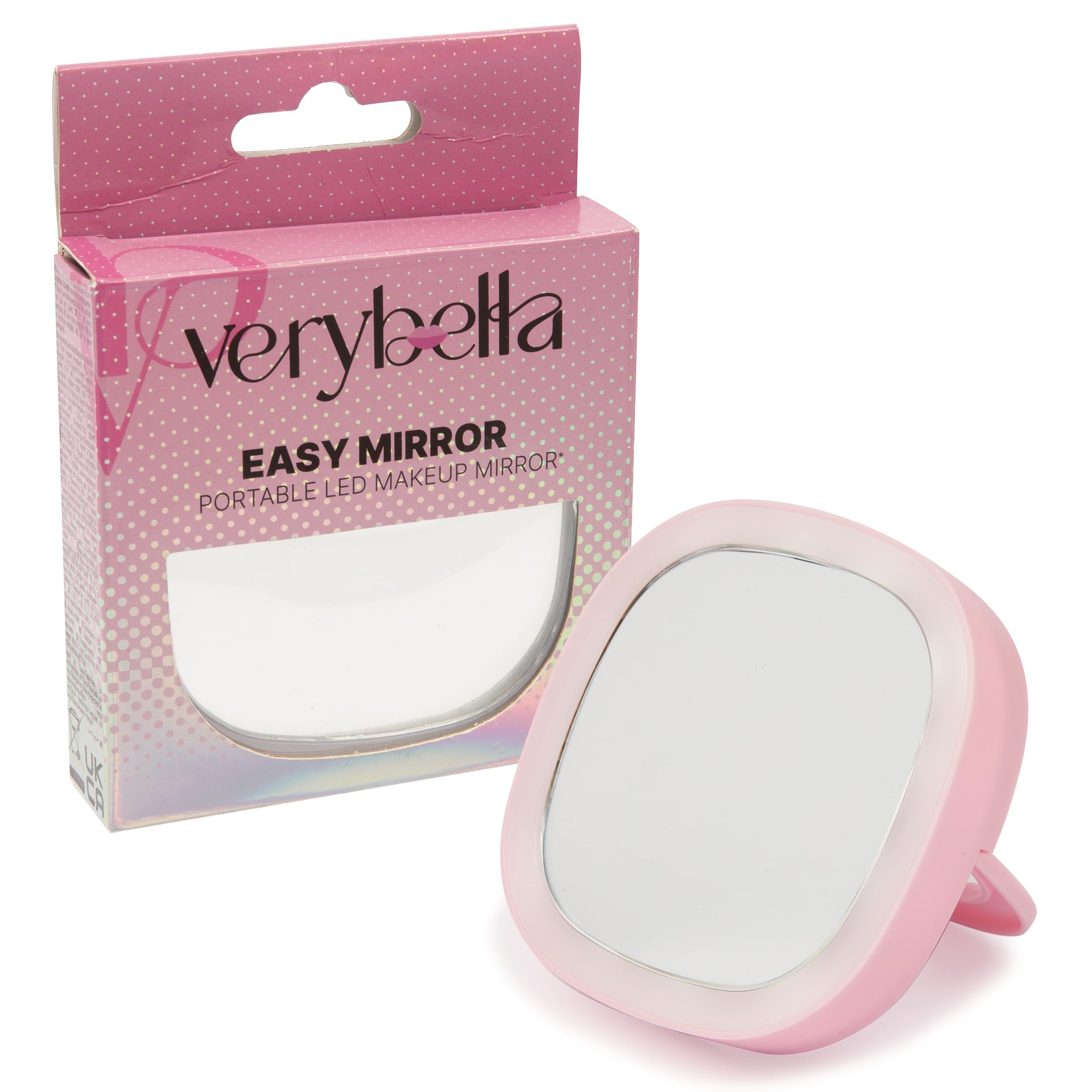verybella Portable Mini Mirror, Pink, Size 85 x 85 cm, Adjustable LED Lights, Pocket Size for Handbag, Ideal for Makeup and Travel, Comfortable Grip