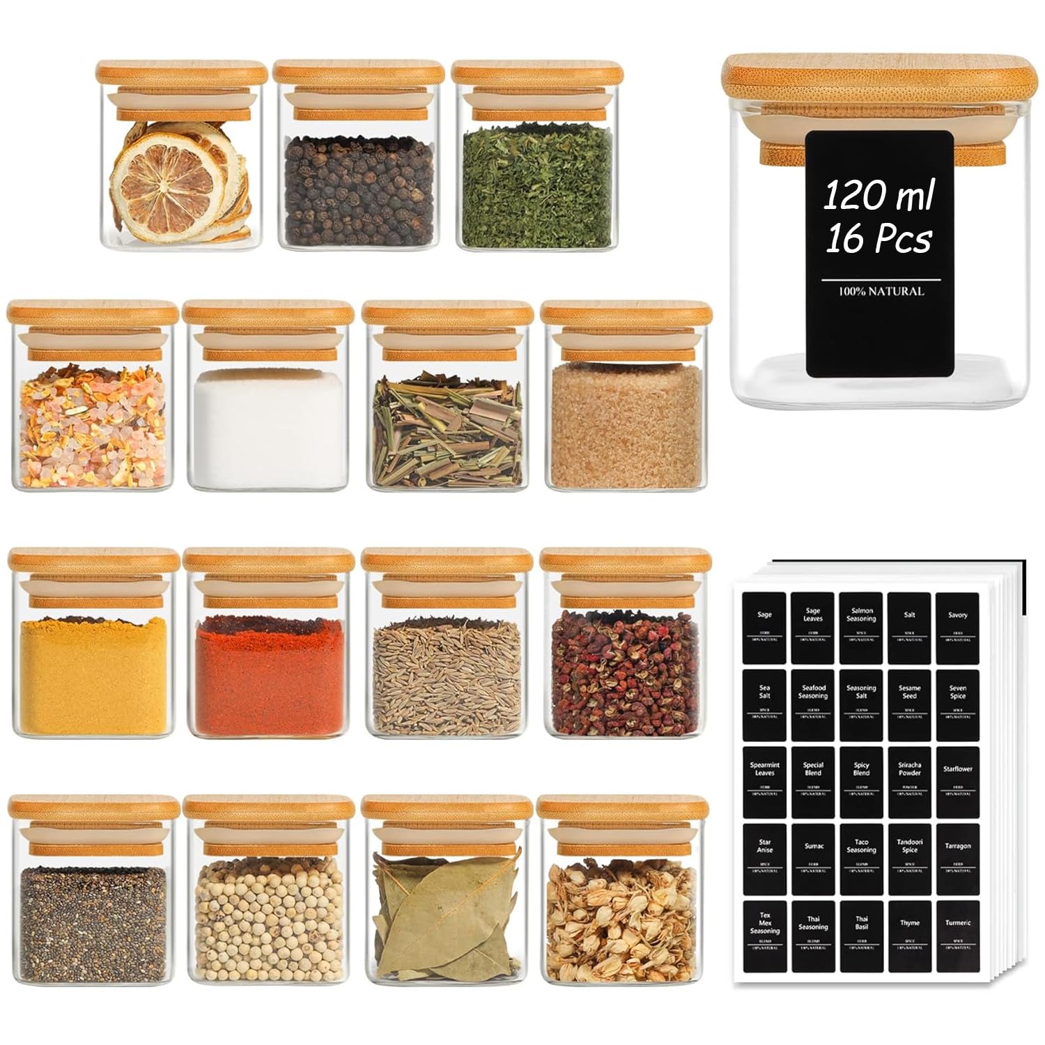 ComSaf Pots à épices en verre 120 ml, lot de 16 avec couvercles | Rangement épices cuisine, Couvercles en bambou, Thé, Café, Curry, Tiroir et placard