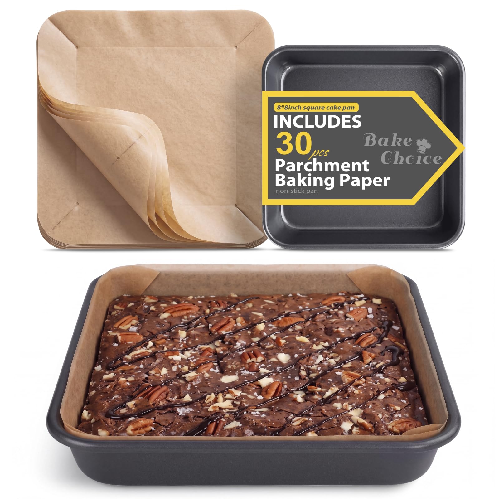 8 x 8 Square Brownie Pan, Baking Pan with 30 Pcs Pre Cut Liners