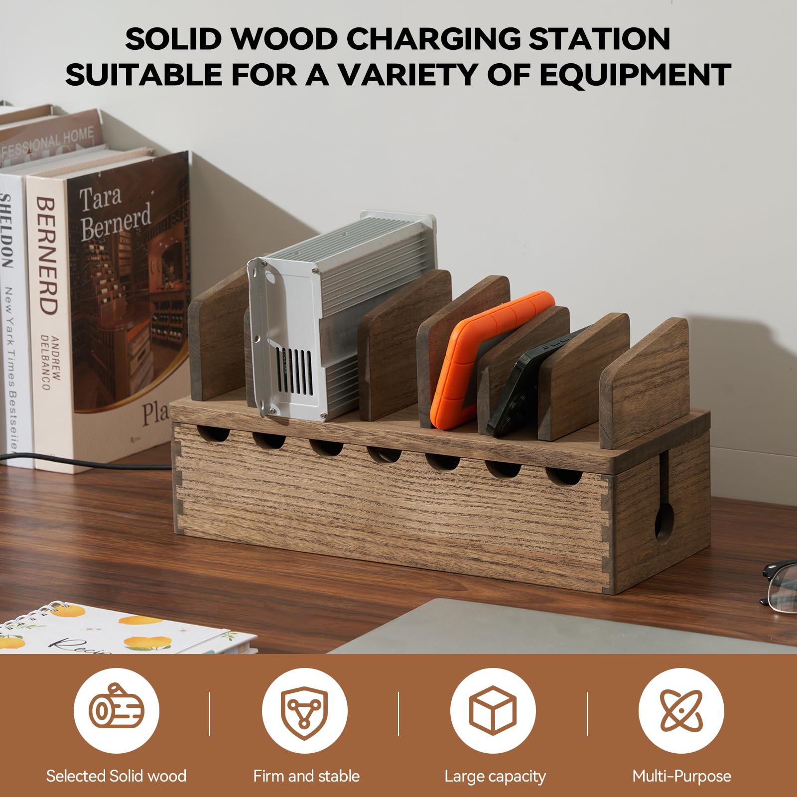 KIRIGEN Wooden Cell Phone Stand Charging Station Desktop Tablet Computer Charging Dock Holder Wood Desk Multi-device Cords Organizer Stand Charger Dock Cradle Rack for Home and Office(GDXH-DBR) - Image 2