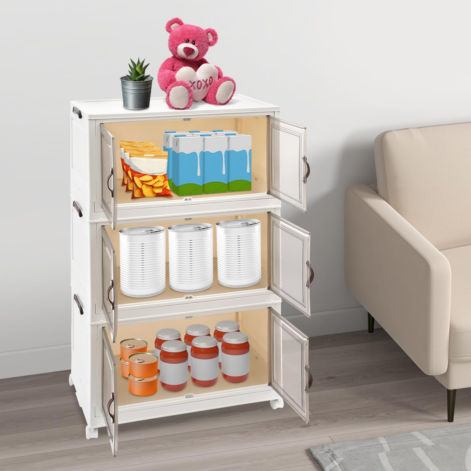 Caja de almacenaje con tapa, 3 niveles, 65 x 42 x 110,5 cm, transparente, para dormitorio, cocina, cuarto de baño