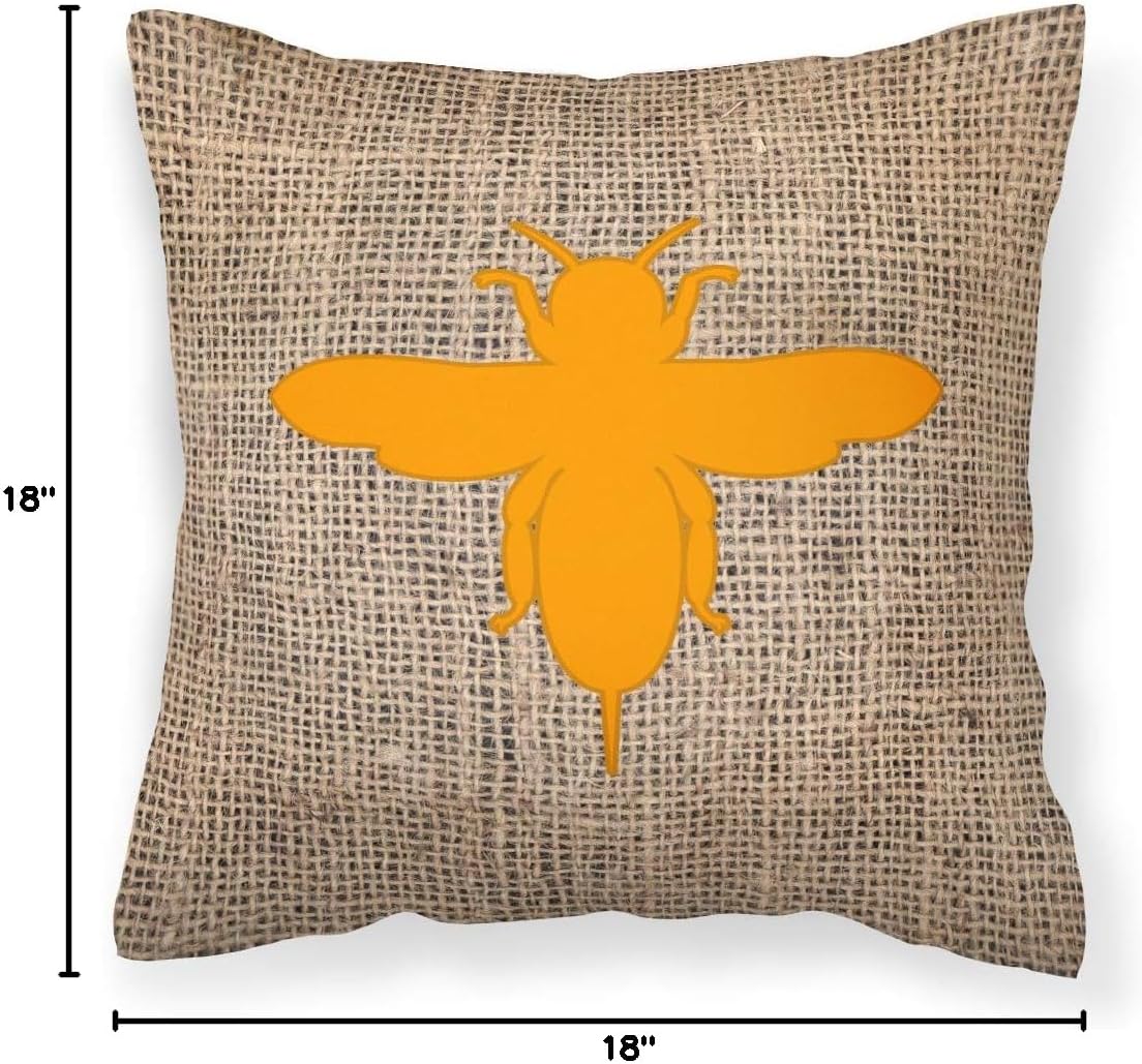 Caroline's Treasures BB1057-BL-OR-PW1818 Bee Burlap and Orange BB1057 Fabric Decorative Pillow Machine Washable, Indoor Outdoor Decorative Pillow for Couch, Bed or Patio, 18Hx18W