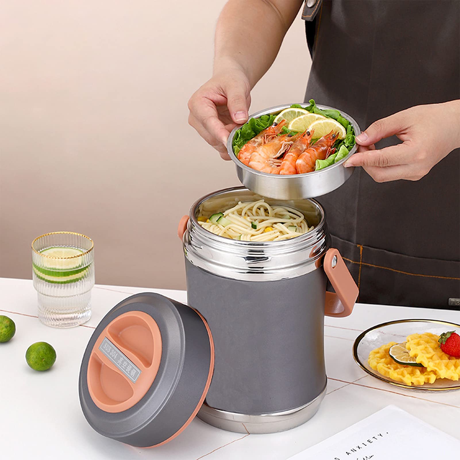 Bento Lunch Box dla Dorosłych Dzieci, Szczelny Termos Ze Stali Nierdzewnej Termiczny Pojemnik Na Żywność do Szkoły/Pracy, Utrzymuj Żywność w Ciepły,Gray,2.6L