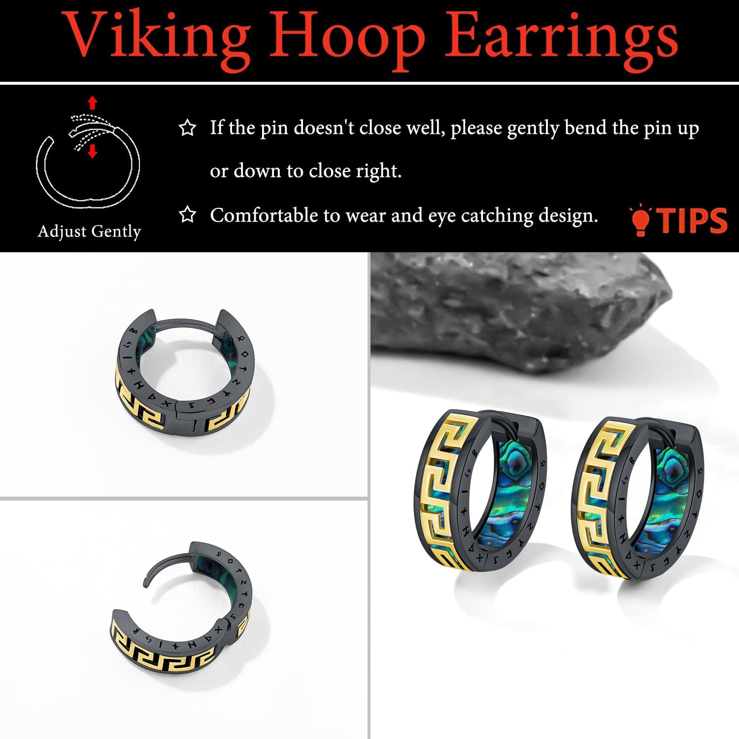 Men Earrings Viking Rune Hoop Celtic Earring for Women Punk 16mm 925 Sterling Silver Huggie Black Blue Hoop Earrings Norse Viking Jewelry Gifts Stainless Steel - Image 2