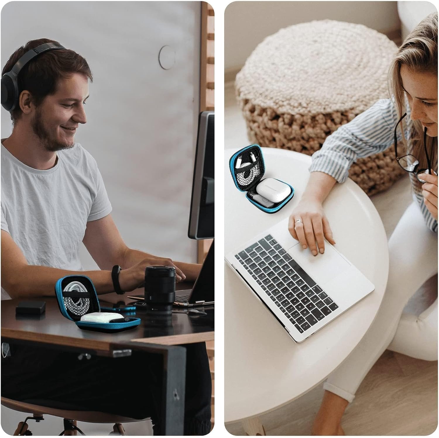 MOLOVA Square Earbud Case Portable EVA Carrying Case Storage Bag Tech Pouch Cell Phone Accessories Organizer with Carabiner for Earphone, Earbud, Earpieces, SD Memory Card, Camera Chips, Blue C2-square blue image 6 of 8 B0B9SC4NX9