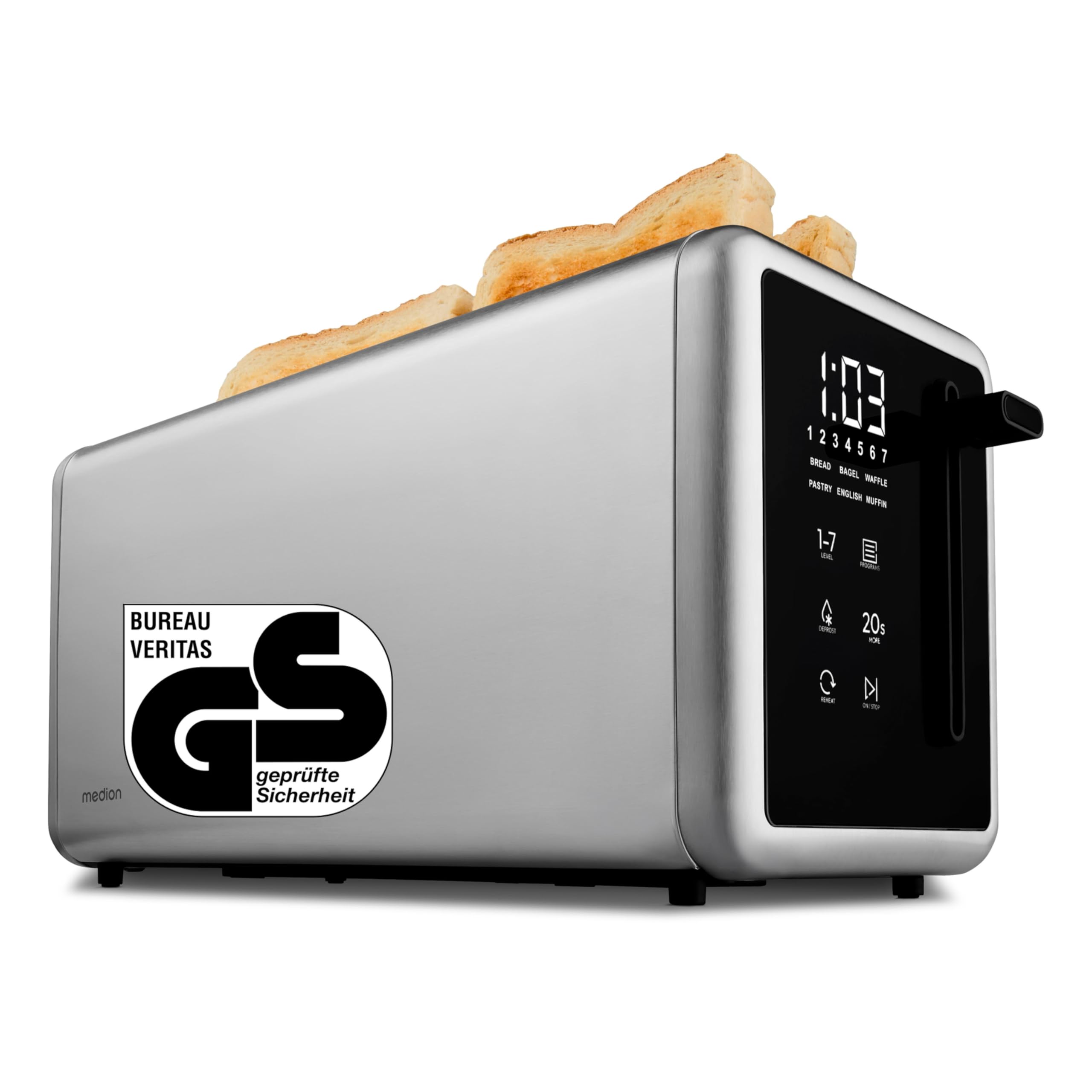 MEDION Tostapane 4 fette con supporto panini (7 livelli, 5 programmi, 1.450 W, 2 fessure lunghe, scongelamento, riscaldamento, cassetto raccoglibriciole, acciaio inox opaco, MD12103) argento