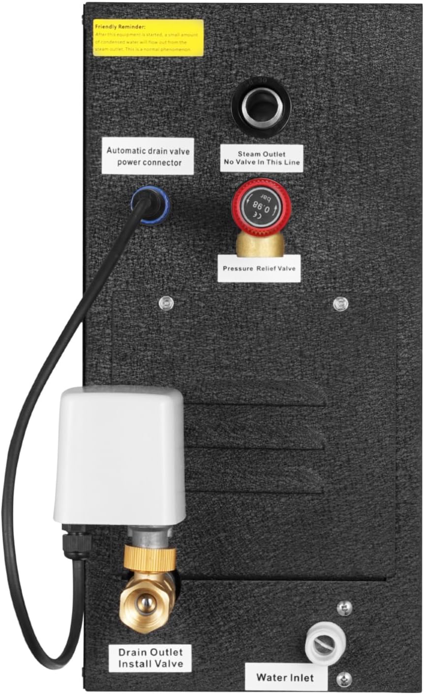 Close-up of VEVOR Steam Generator connections including automatic drain valve power connector, steam outlet, pressure relief valve, drain outlet install valve, and water inlet.