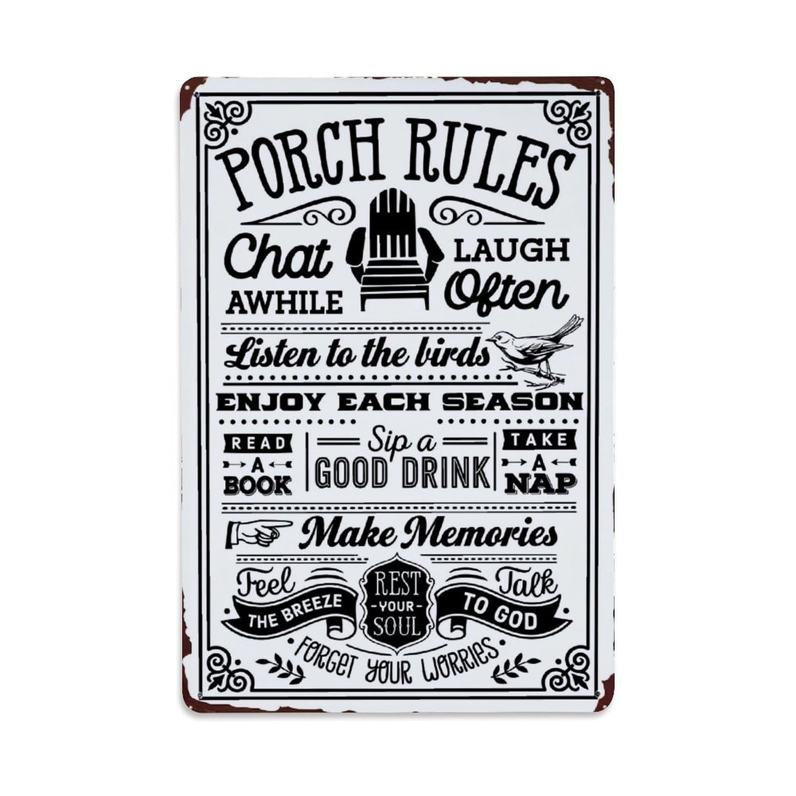 Jdfenggu Vintage Porch Rules Chat Laugh Listen Enjoy Read Sip Take Make Feel Rest Talk Forget Retro Metal Tin Sign, Decor Art Poster For Bar, Home, Man Cave, Kitchen, Laundry Room Gift 8X12inch