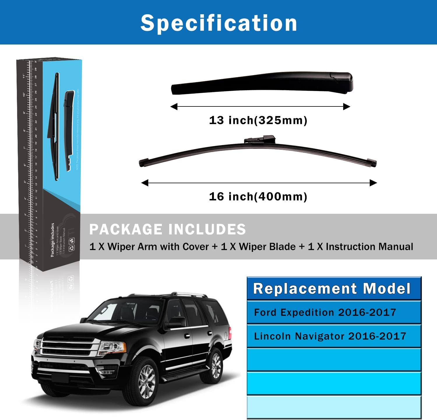 WTI Rear Wiper Arm Blade Set Compatible With Ford Expedition 2016-2017 / Compatible With Lincoln Navigator 2016-2017 SUV Rear Windshield Window Wiper Kits Assembly New Replacement Accessories Parts