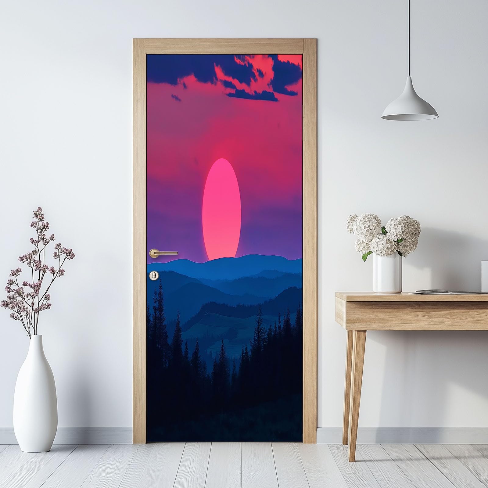 3D Door Stickers Murals Misty Forest Hills and Pine Trees Creative Self Adhesive Sticker Decal Art, Purple Decor Removable Waterproof Mural Poster Scene Window Door Room Nursery 85 x 215 cm (W x H)
