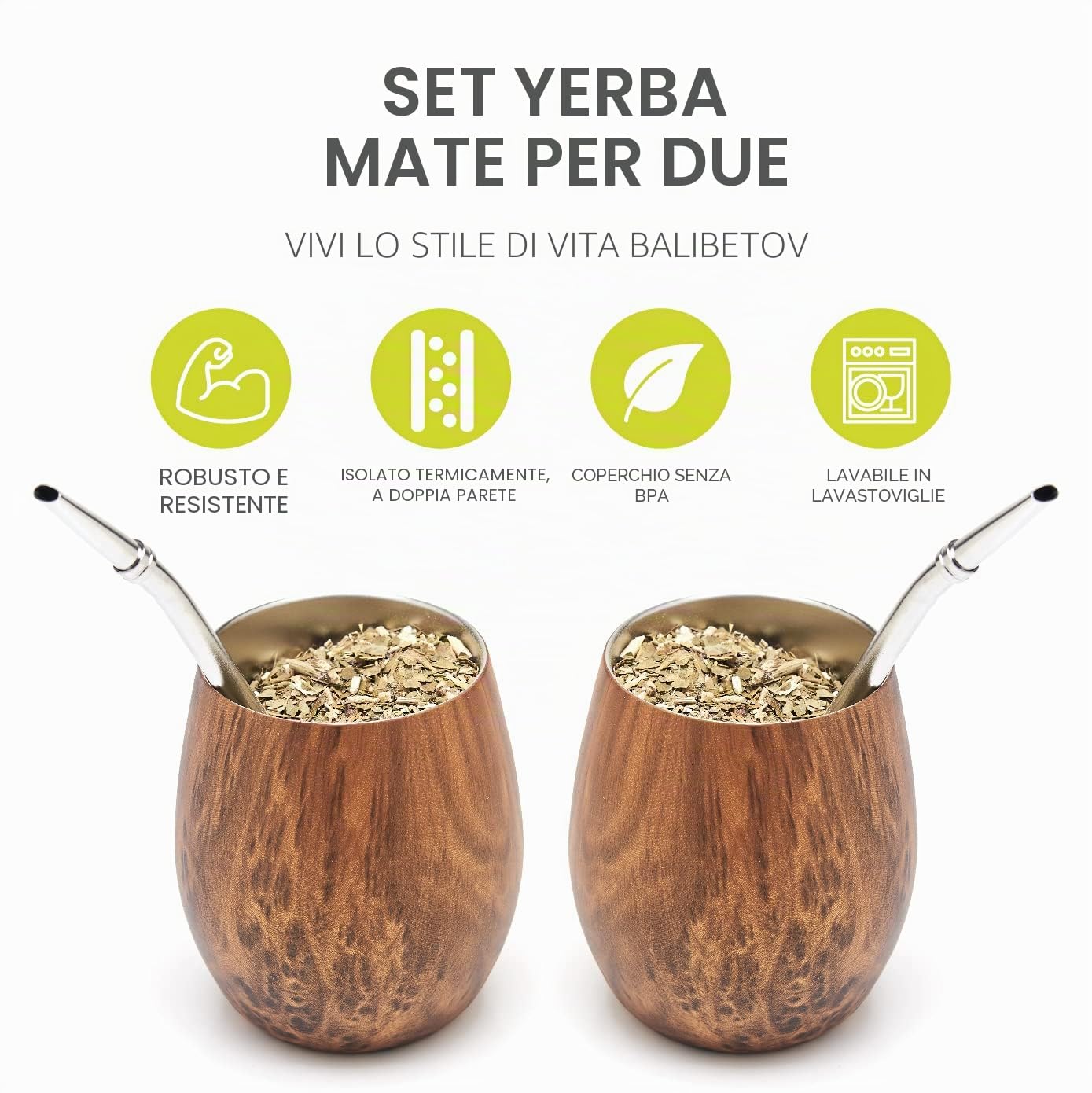 BALIBETOV Mate Argentino - Doppio Set Yerba Mate in Acciaio Inossidabile (5 pcs. Set) - Compreso 2 Tazza Mate, 2 Bombilla per Mate (Yerba Mate cannuccia) e Spazzola per la Pulizia (Legna)