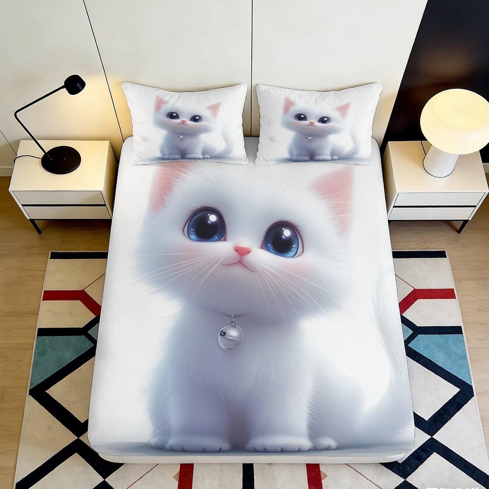 3D Printed Cute White Cat Fitted Sheet Microfiber Soft Non-slip Kawaii Kitten Bed Sheet for Bedroom Guestroom Decor 90x200x25cm