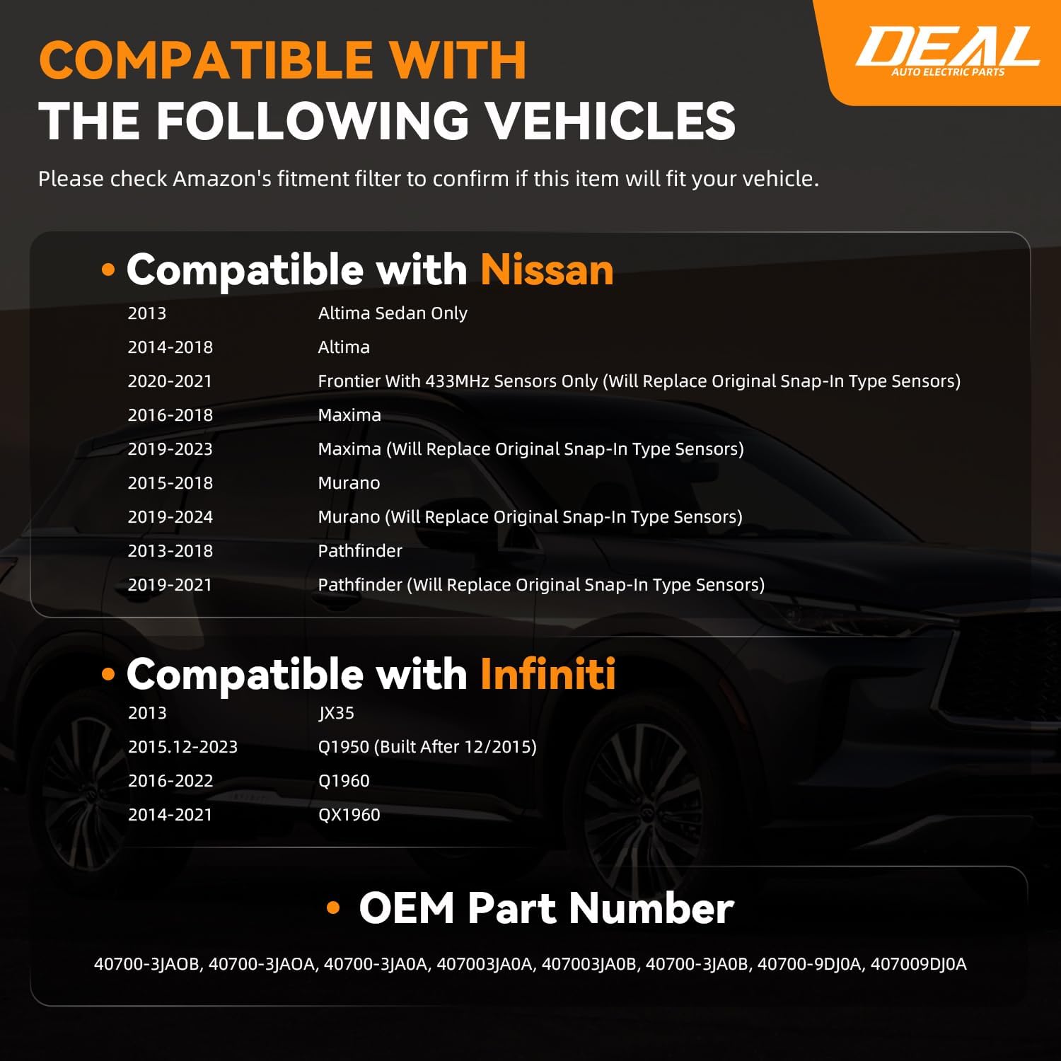DEAL AUTO ELECTRIC PARTS TPMS Sensor, 4pcs 433MHz Tire Pressure Monitoring Sensor, Compatible with Infiniti JX35 Q50 Q60 QX60 Nissan Altima Frontier Maxima Murano Pathfinder, 40700-3JA0A 407003JA0A