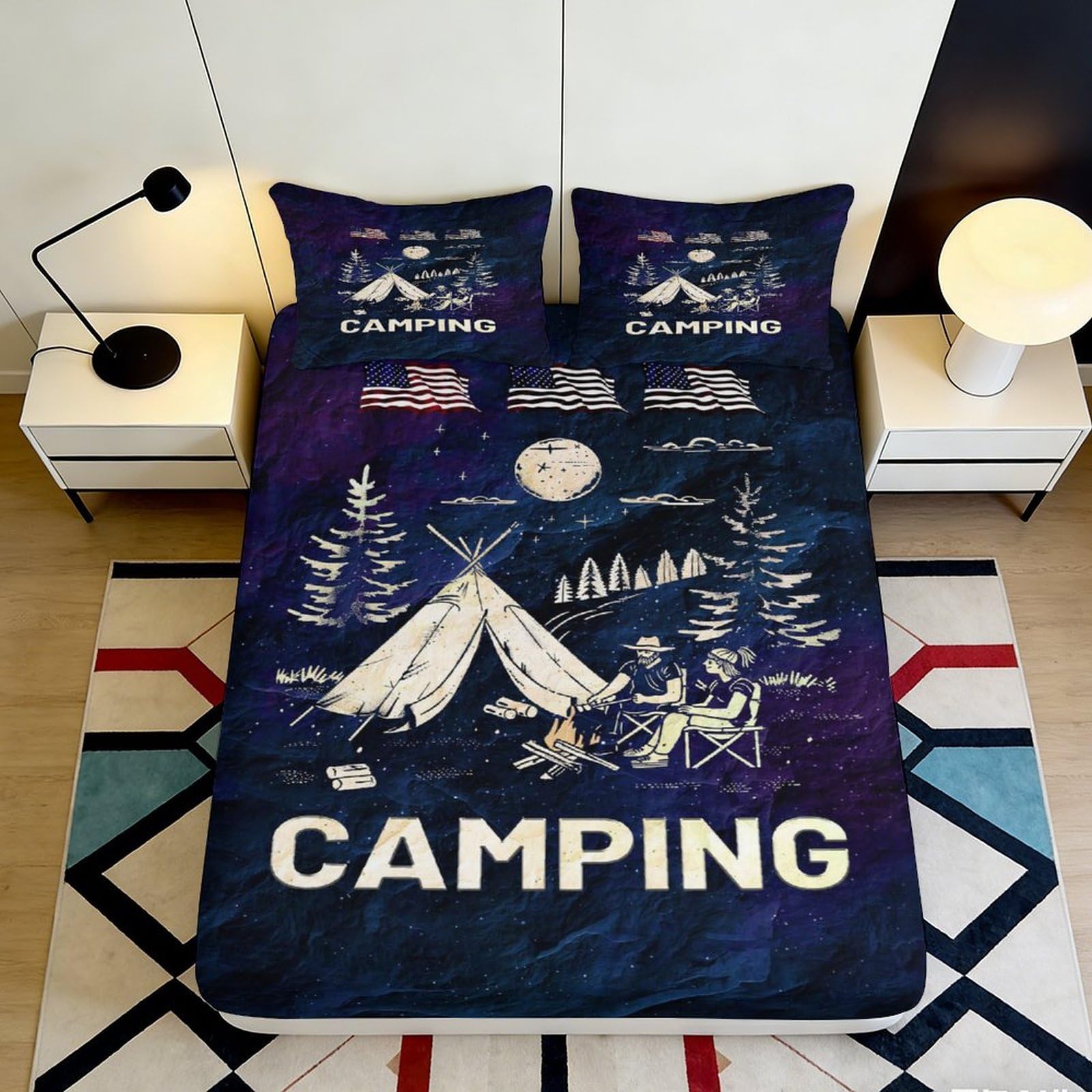 3D Printed Camping Tent Fitted Sheet Microfiber Soft Breathable Night Forest Bed Cover for Bedroom Dorm Mattress Protection 90x200x25cm