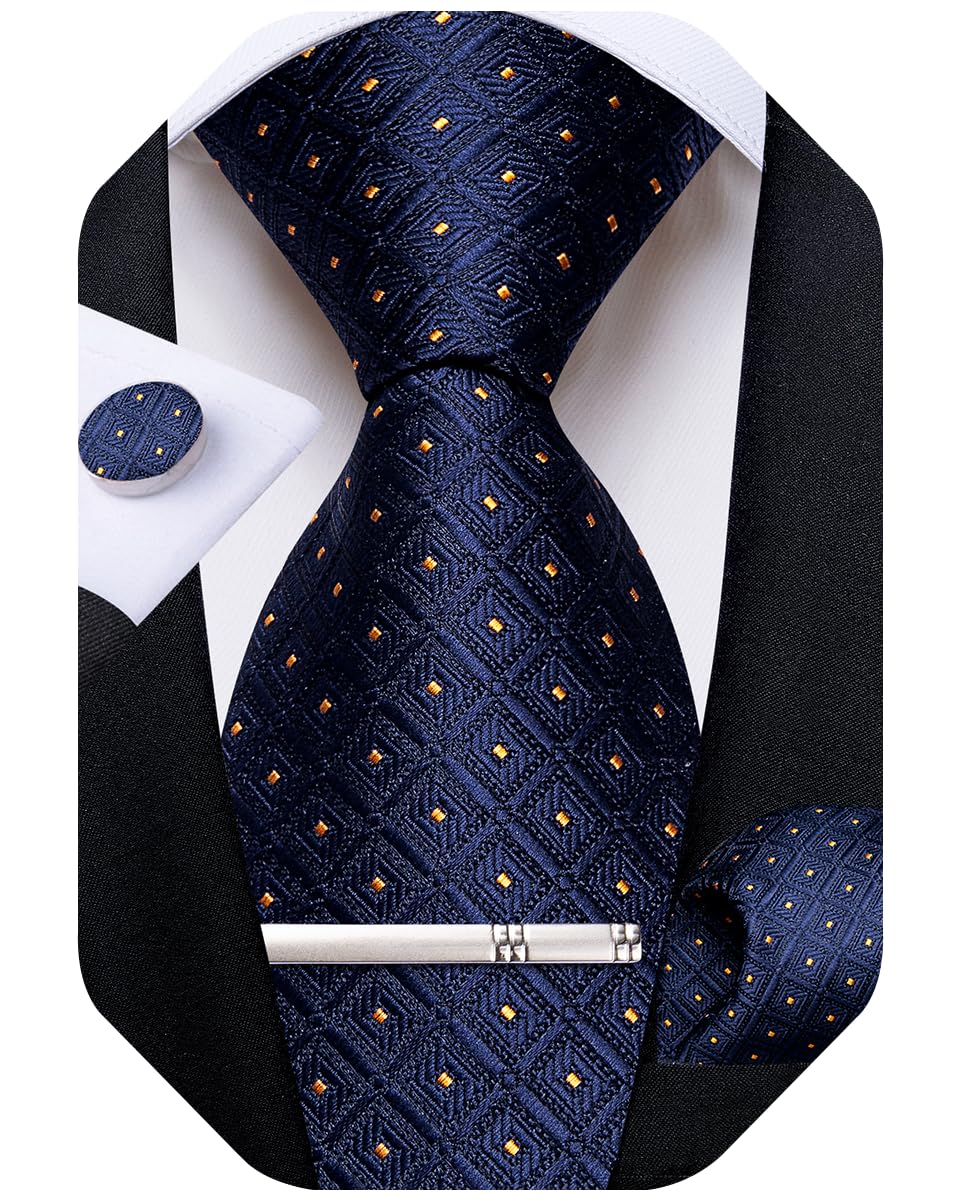 DiBanGu Mens Silk Plaid Tie and Pocket Square Set | Elegant Silk Formal Tie Set, Woven Check Necktie and Cufflinks Tie Clip Set, Perfect for Wedding Party, Comes in Gift Box