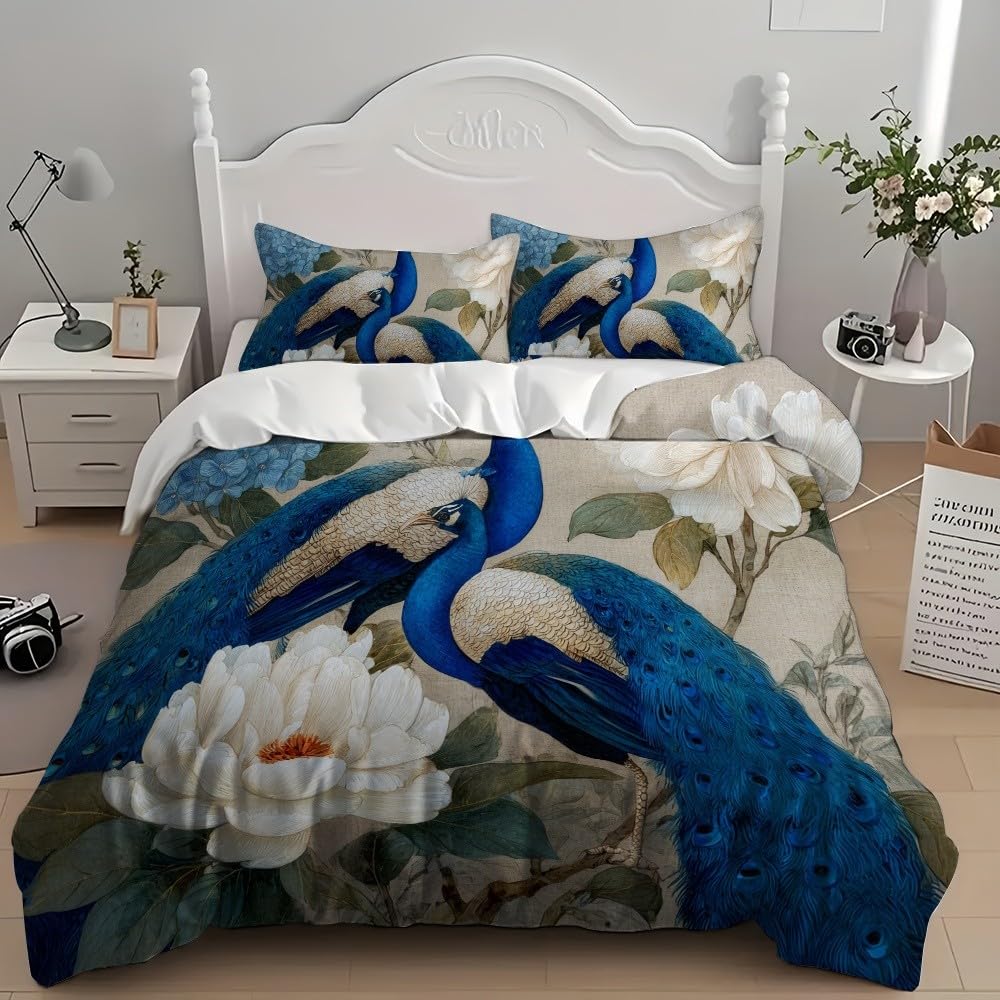Pawie kwiaty retro poszewki na kołdrę Pościel 240 x 220 cm miękka wygodna niebieska mikrofibra poszewka na kołdrę zestaw pościeli z zamkiem błyskawicznym na wszystkie pory roku 3 sztuki
