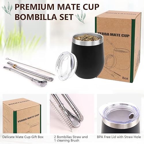 Miniatura 2 de Taza de yerba mate de 8 onzas, el juego de tazas de té incluye taza mate moderna de acero inoxidable, 2 popotes Bombilla Mate, cepillo de limpieza y