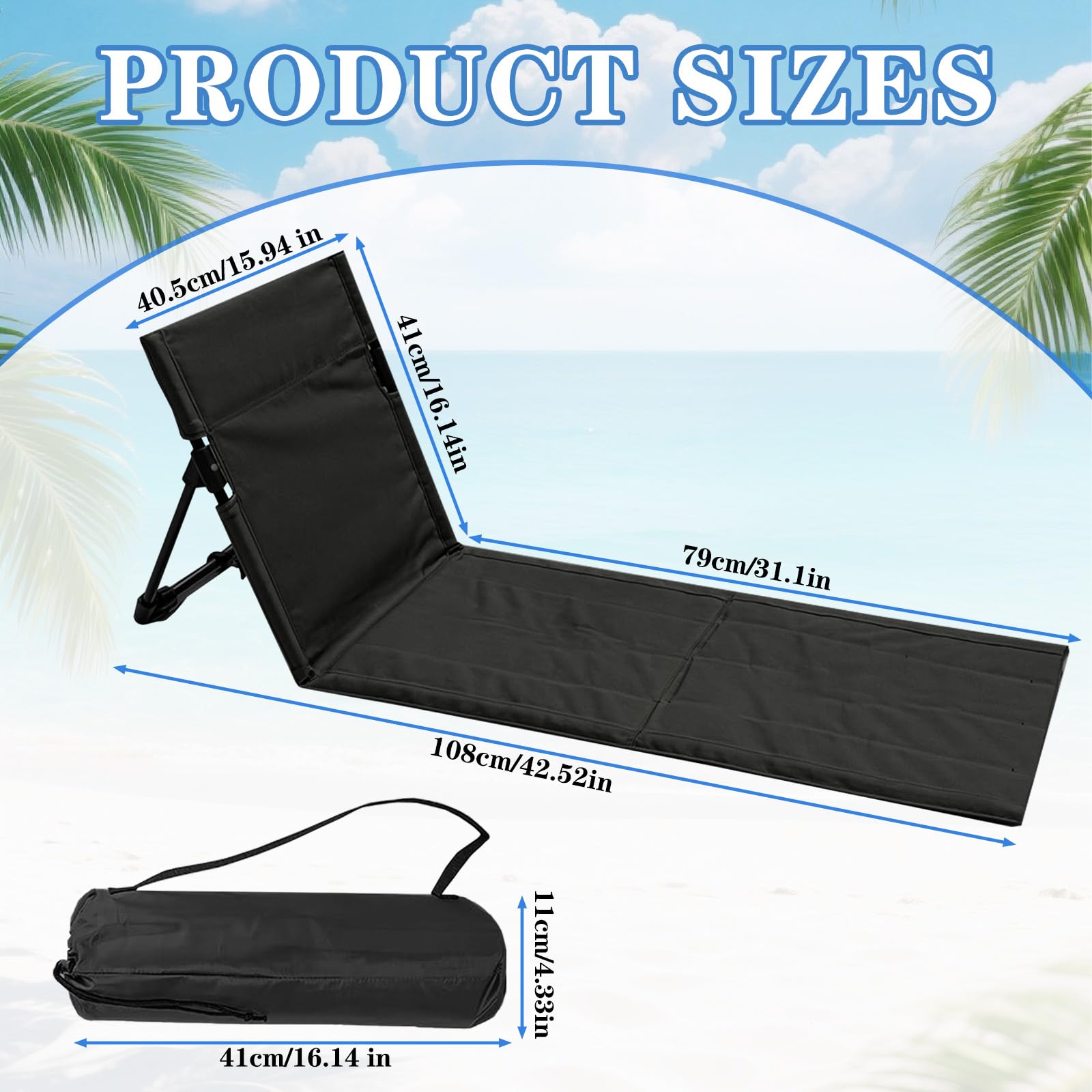 Strandmatte mit Rückenlehne, Klappbare Liegematte mit Rückenlehne, Strandliege Faltbar Leicht, Strandsitz mit Aufnahmebeutel, Bodenstuhl Outdoor für Camping, Strand, Reisen (Schwarz, Lange)