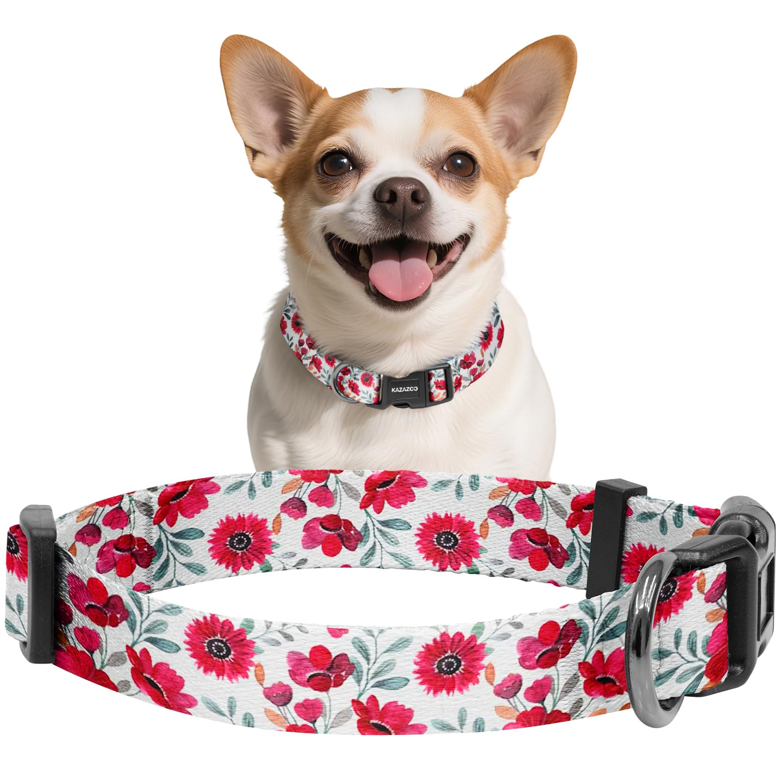 Kazazoo Dog Collar Cute and Soft Nylon Puppy Collar for Boy and Girl Dogs, Adjustable Dog Collars for Extra Small Dogs, Red Flowers-XS