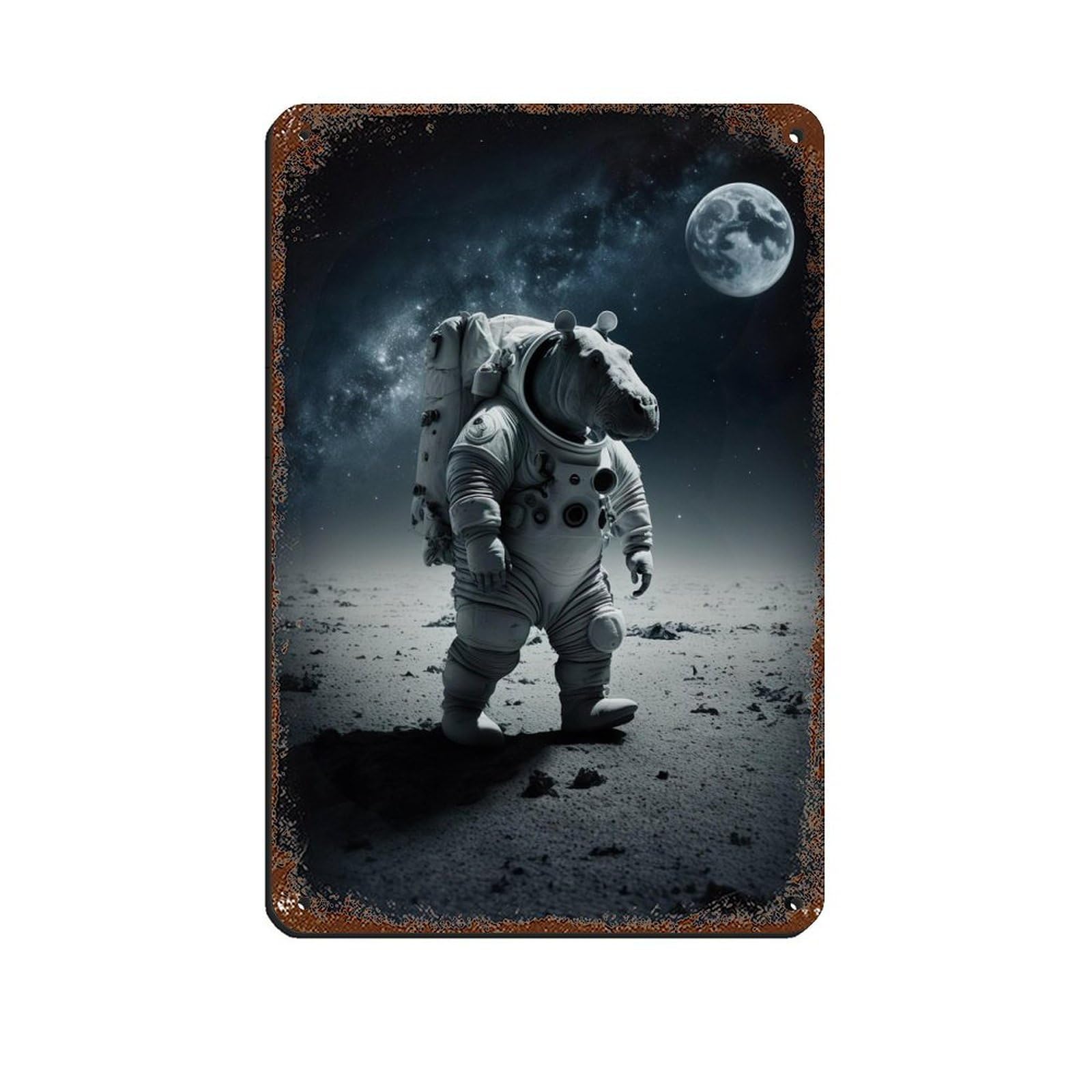 Lxwnze 20L X 30W Cm Astronaut Hippo, Futuristic Animal Retro Poster Metal Tin Sign Chic Art Retro Iron Painting Bar People Cave Cafe Family Garage Poster Wall Decoration 8X12inch(20X30cm)
