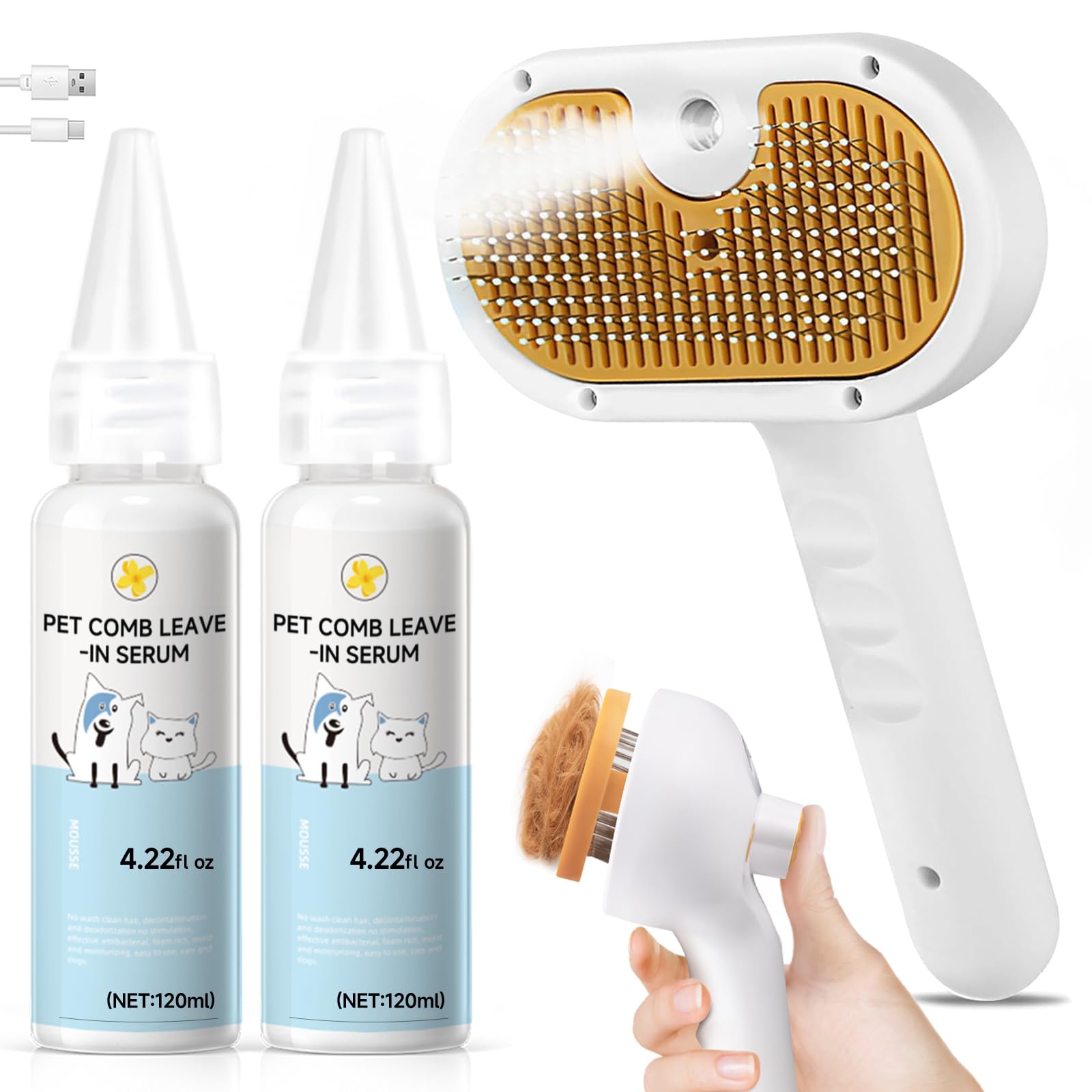 Pet Steam Brush for Dog & Cat – 3-in-1 Spray Hair Removal Comb for Shedding & Grooming, Softens Fur & Reduces Static – Water Brush for Long & Short Coats, Bath-Hating Pets, Includes 2*Shampoo