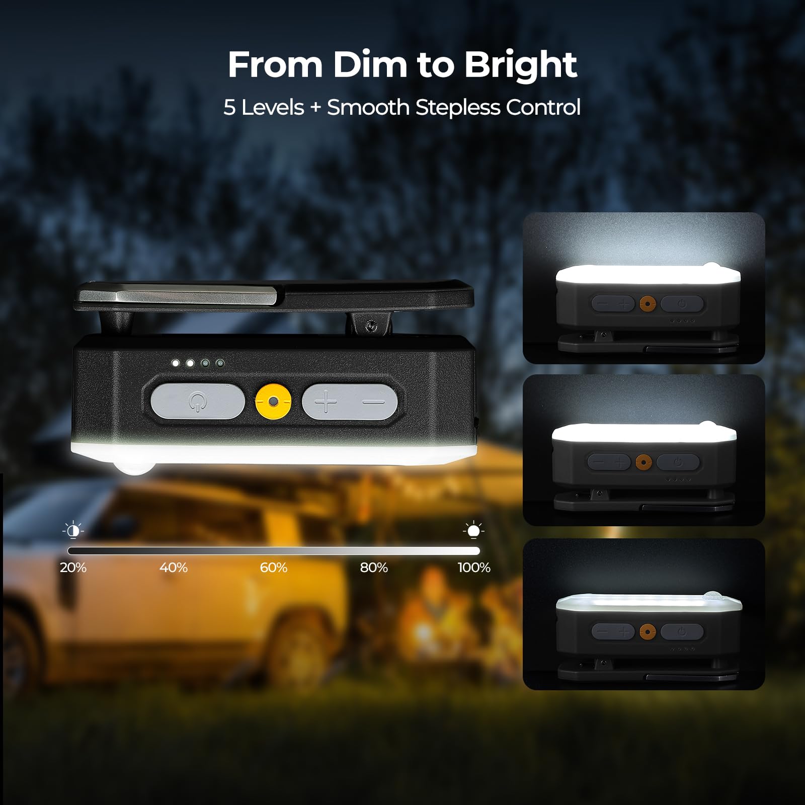 BougeRV Lampe Camping AL01, Capteur, Autonomie 48h, 4 Modes, Noire | 380lm, 3200mAh, Lanterne Rechargeable, 5 Niveaux, 4 Modes, Crochet et Aimant, Éclairage de Tente pour Voyage et Urgence