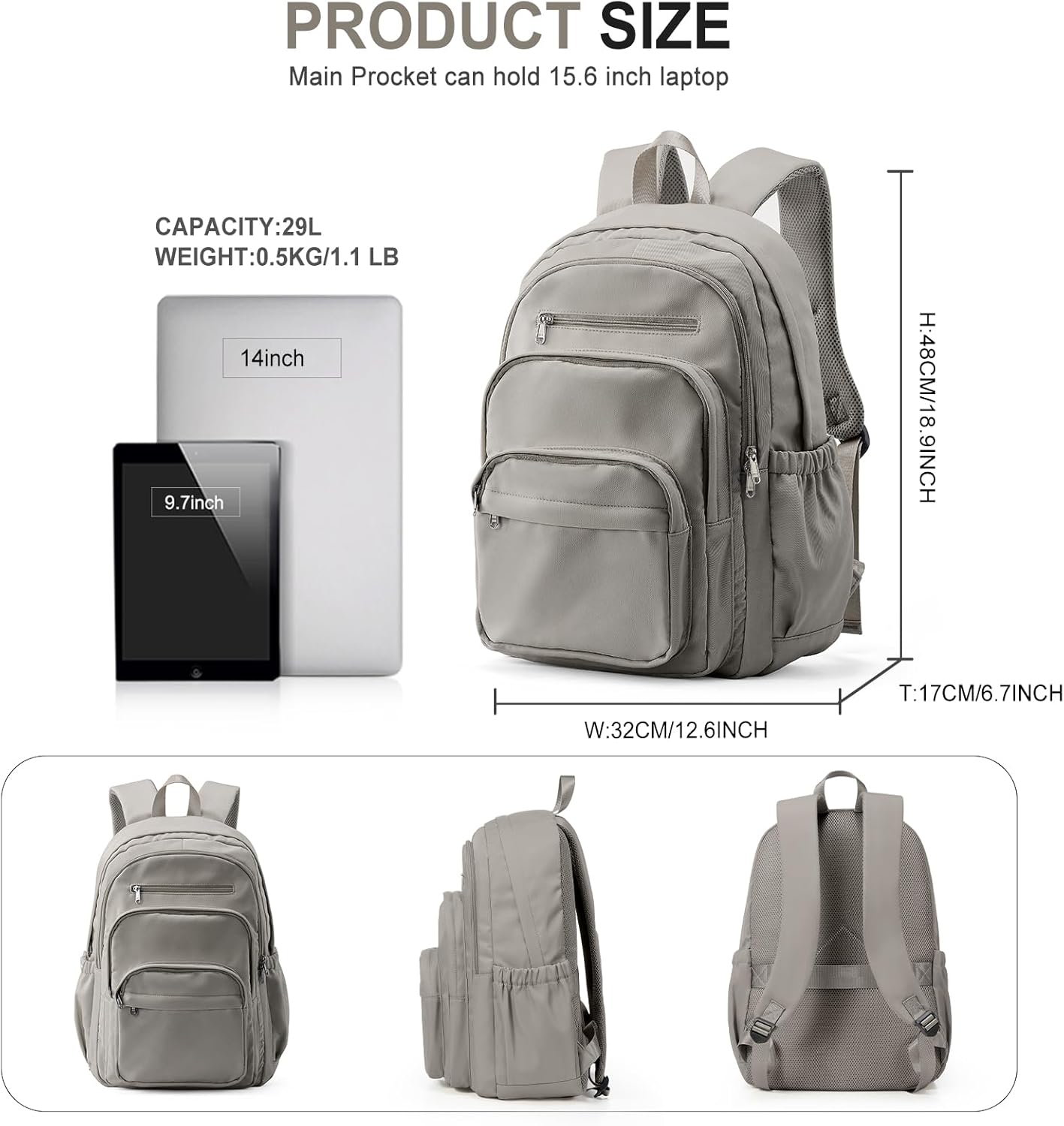 College Backpack For Women Men,Lightweight High School Bag,School Backpack With Lots Of Pockets,Cute Bookbag For Teens Boys Girls,Casual Daypack Backpack For School(Gray Brown) - Image 2