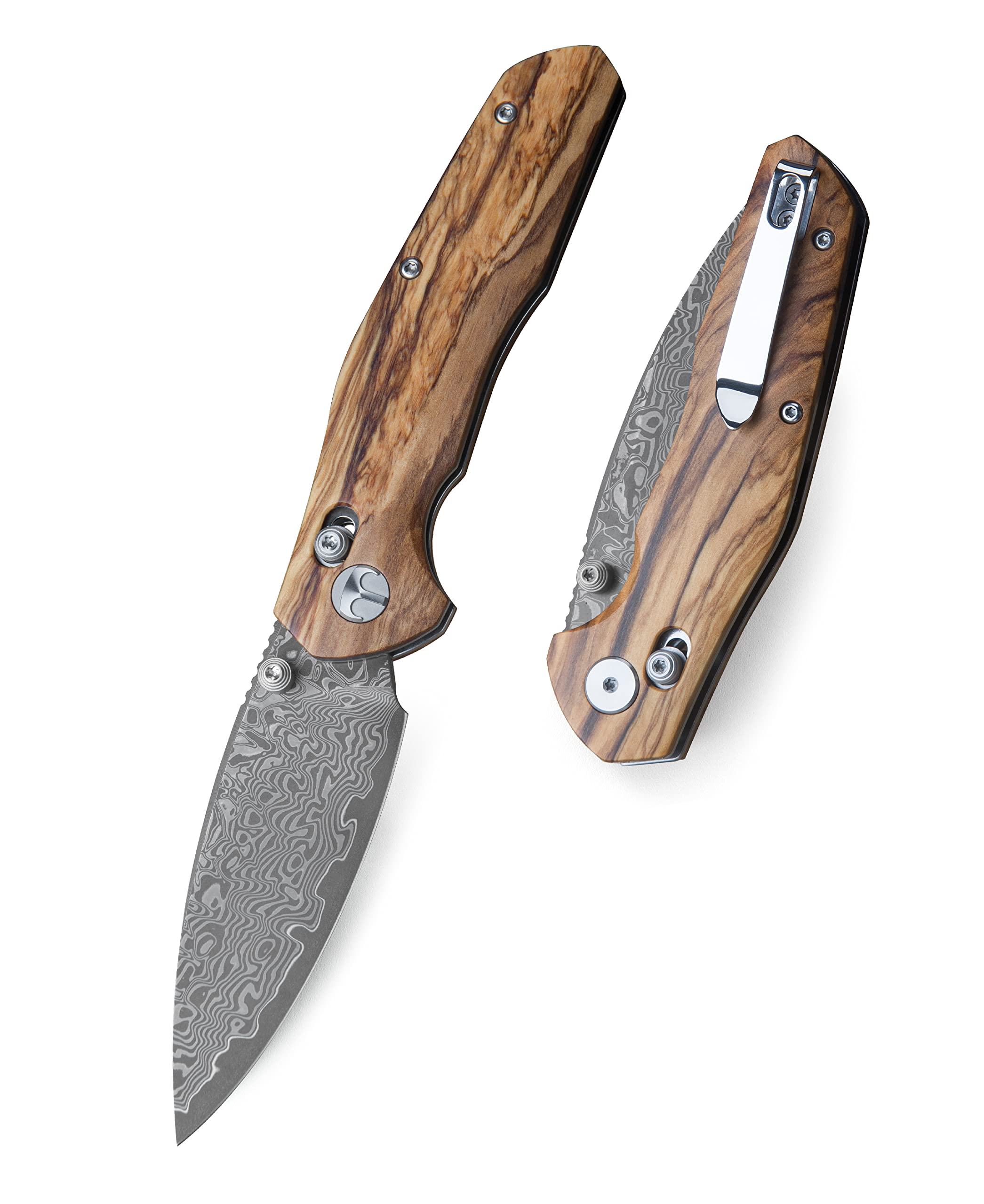 BESTECHMAN Ronan EDC Folding Knife Wood Handle Pocket Knife, Damascus Blade Thumb-Stud Outdoor Tools, BMK02M (Olive Wood Handle)