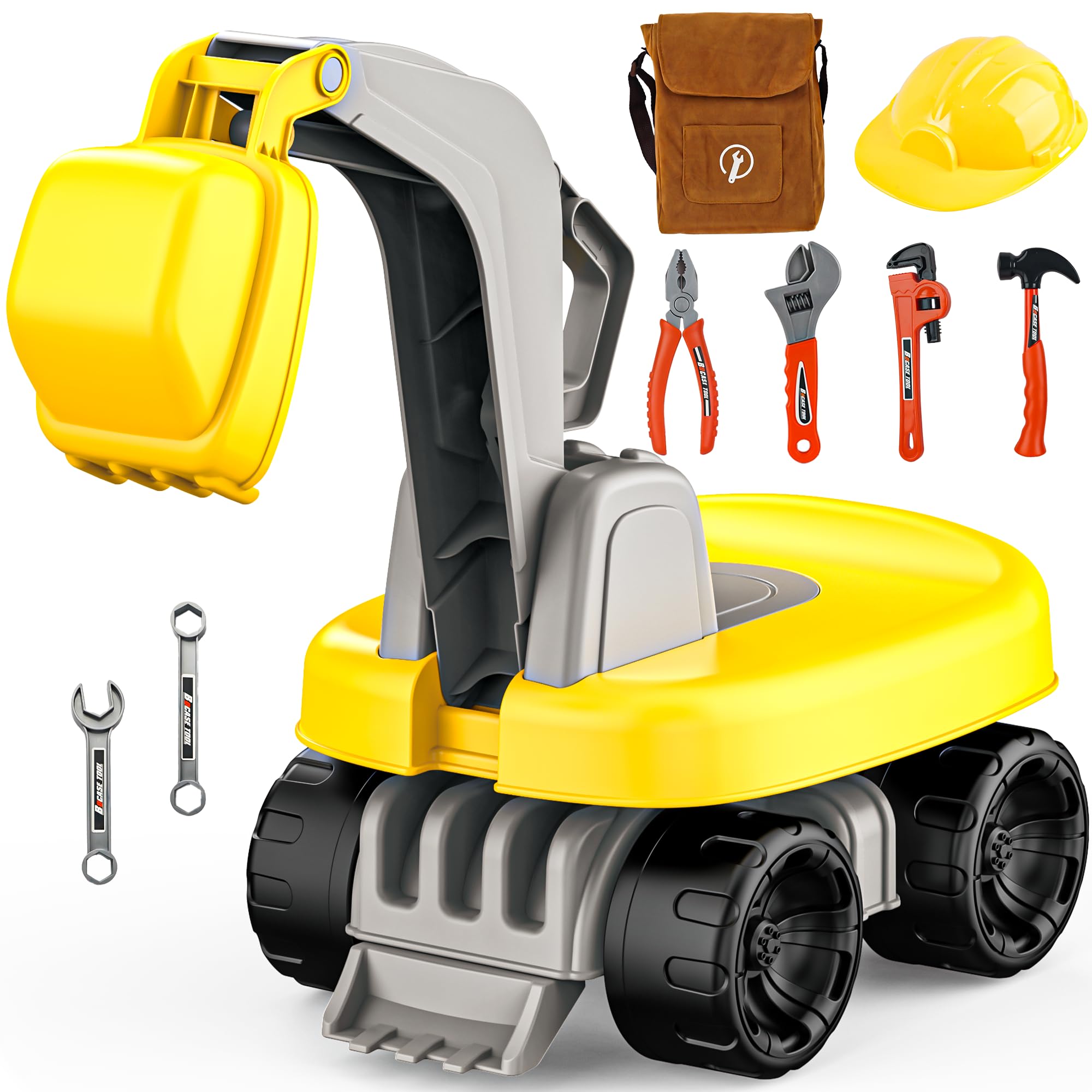 BELLOCHIDDO Ride-On Excavator Toy with Safety Helmet & Tool Kit - Toddler Beach Toy Sand Play Set Kids Excavator, Pretend Construction Set with Tools, Outdoor Learning Toys for Boys Girls