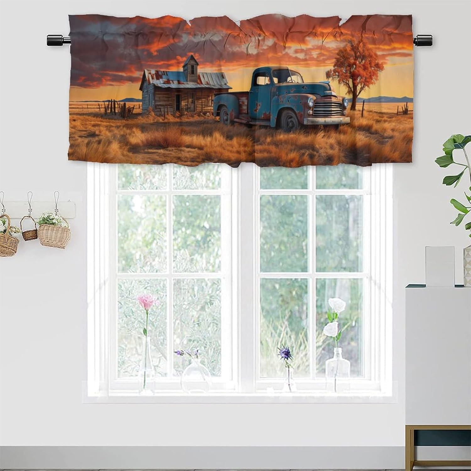 Old Vintage Farm Truck Blackout Kitchen Curtain Valances Western Rustic Barn Antique Car Farmhouse Country Retro Privacy Decorative Rod Pocket Short Window Valance Curtains 54 by 18 in, 2 Panel