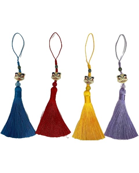 Lion Dance Cloisonne Simple Gift Pendant Set (4Colors)-Traditional Chinese Hanfu Accessories,Book Marker, Bag Pendant,Multi-Color Tassel Handmade Ornaments for Home Decor.