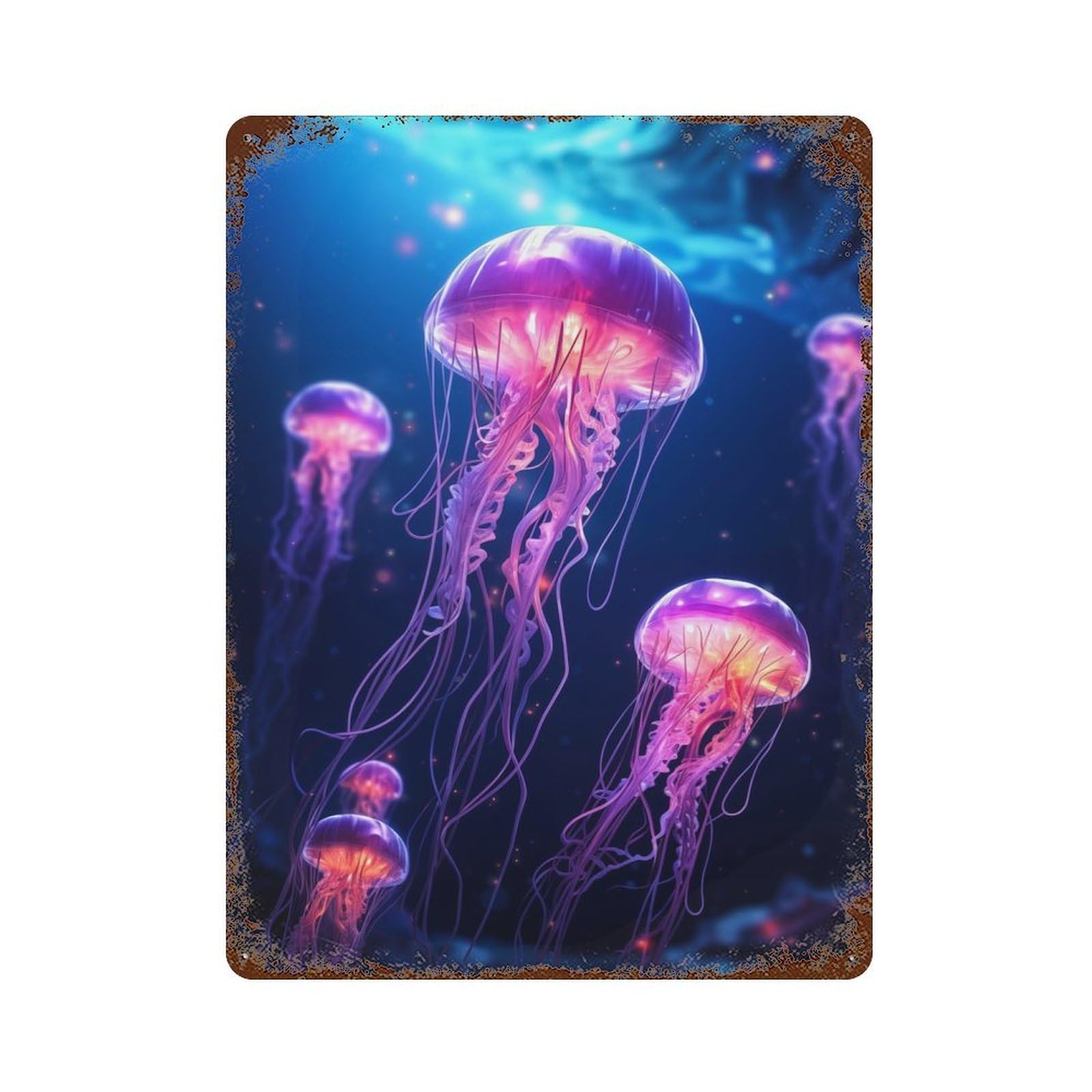 Vintage Rust Metal Sign with Neon Jellyfish Glowing Design 15.7"x11.8", for Garage, Bar And Workshop Decor, Retro Wall Decor