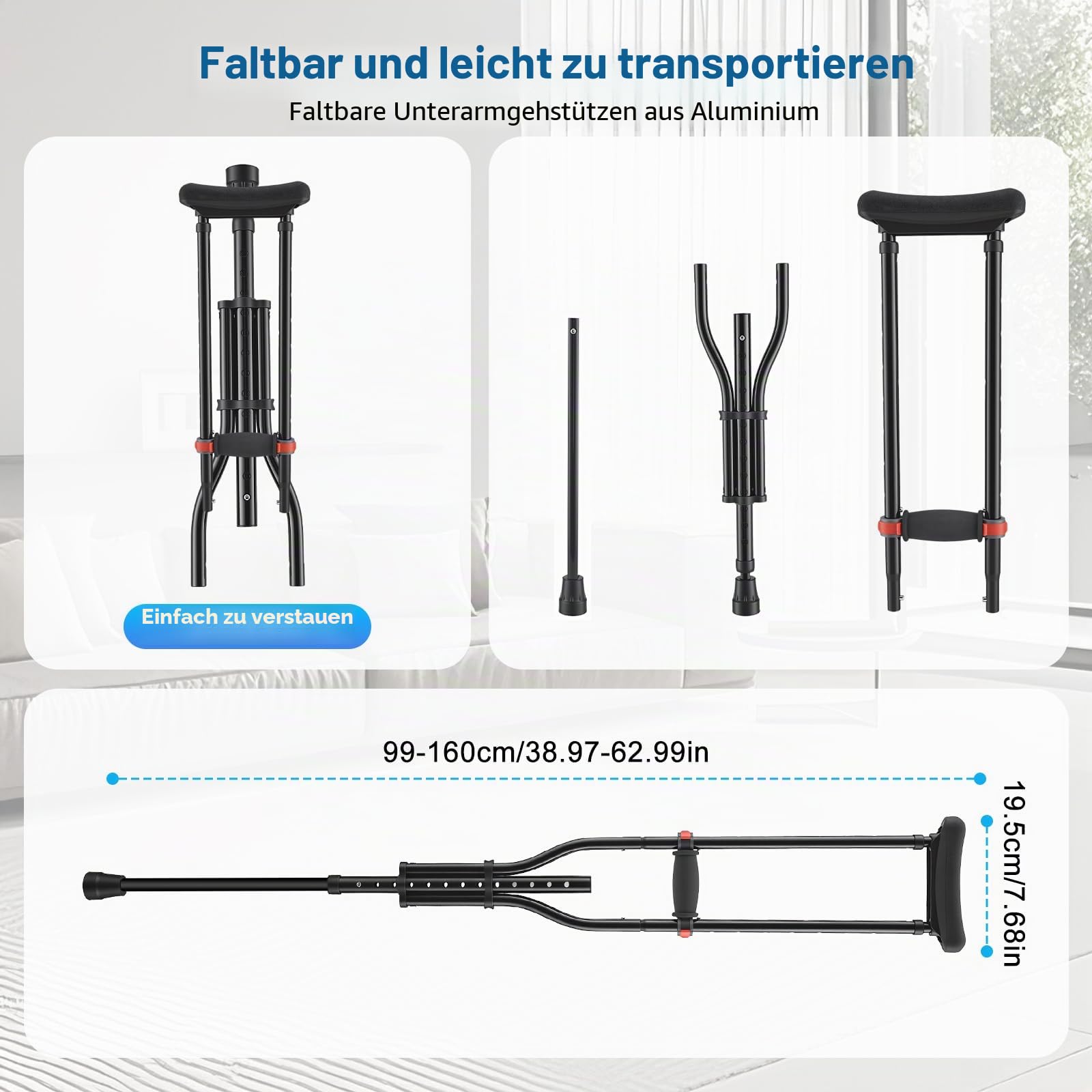 2 stück Gehhilfe Krücken auf 16 Verschiedene Höhen, 150 KG Max Universelle Achselkrücken Höhenverstellbar für Erwachsene Senioren, Aluminium Unterarmgehstützen mit Weichen Unterarm und Handauflagen