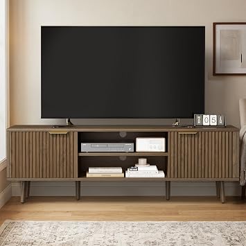 58" TV Stand for TVs up to 65 Inches, TV Console with Fluted Doors, Adjustable Shelf & Cable Management, Wooden Entertainment Center for Living Room, Bedroom Walnut