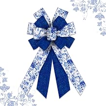 Large Spring Chinoiserie Blue Bow for Wreath, Spring Flowers Wreaths Bows& Tree Accents Blue Burlap Wired Bows for Indoor/Outdoor Decoration, 11.42x20.87 Inch