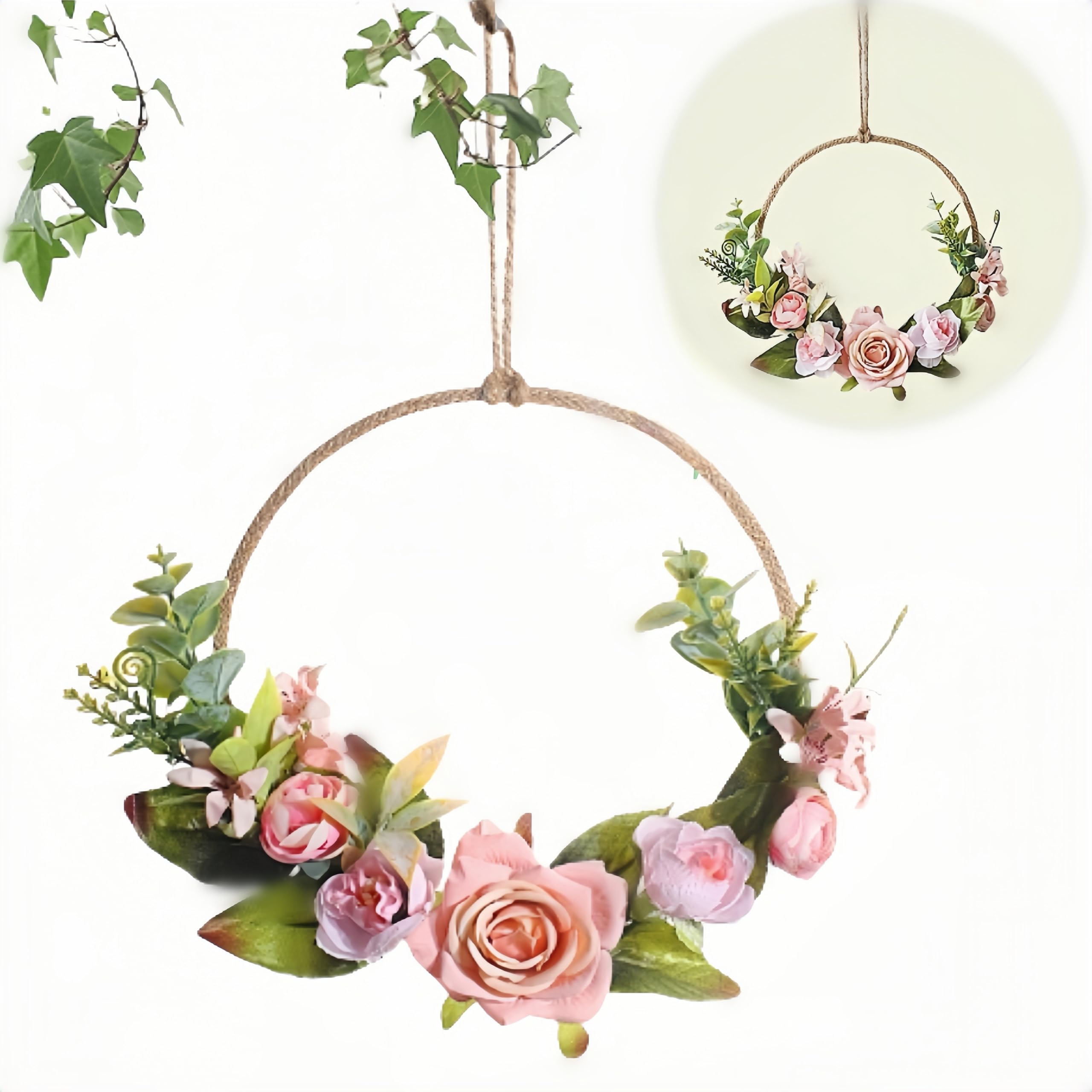 Couronne murale en métal - Fleurs artificielles - Orchidée - Décoration de printemps - Anneau en métal - Couronne d'eucalyptus - Couronne de porte - Couronne décorative - Couronne de porte