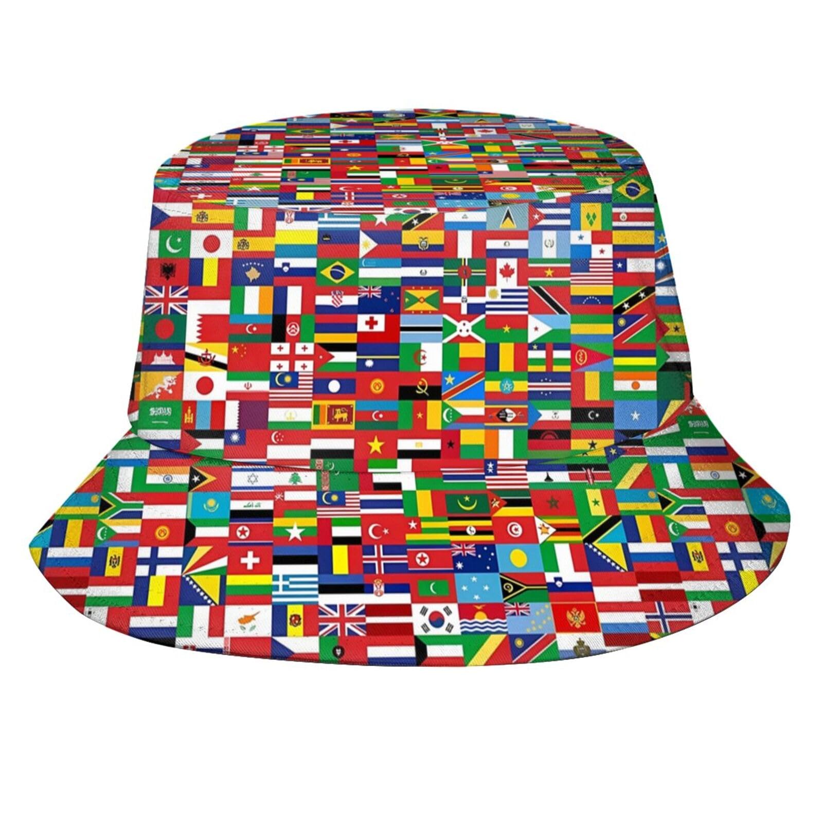 The World Flag Bucket Hats Packable Travel Beach Sun Hat Wide Brim Fisherman Caps for Women Men, World Flag-2, One size