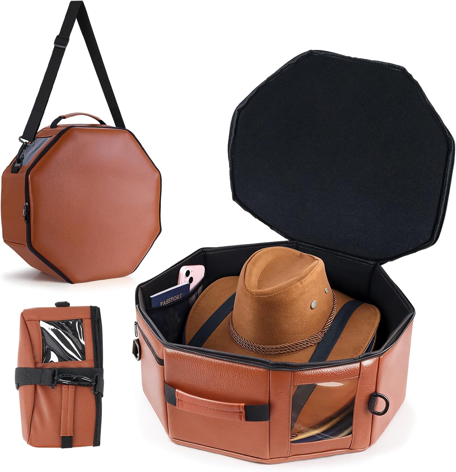 Vegan Leather Cowboy Hat Box for Travel - Large Octagonal Hat Travel Case Fits up to 5 Wide Brim Hats - Padded Hat Storage Organizer with Trolley Sleeve, Clear Window & Shoulder Strap, Brown